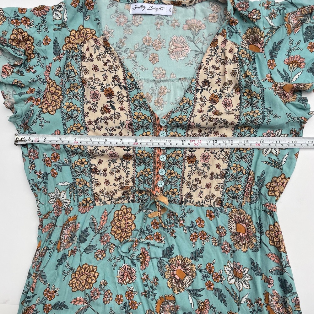 Floral Print Petal Sleeve Ruffle Hem Teal and Cream Dress - Picture 8 of 10
